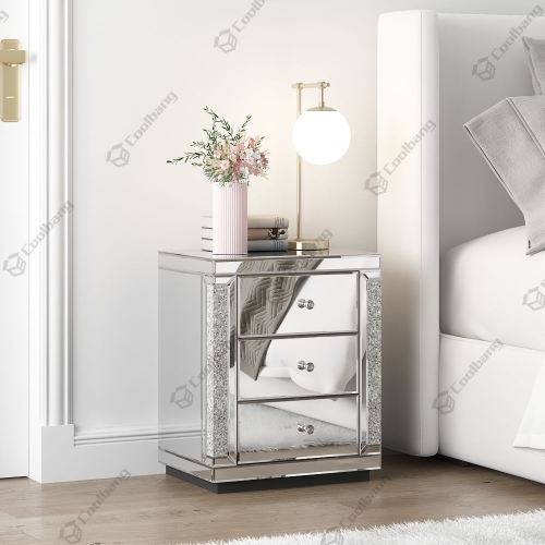 New Design Bedroom Furniture Black Glass Mirrored Bedside Table Nightstand